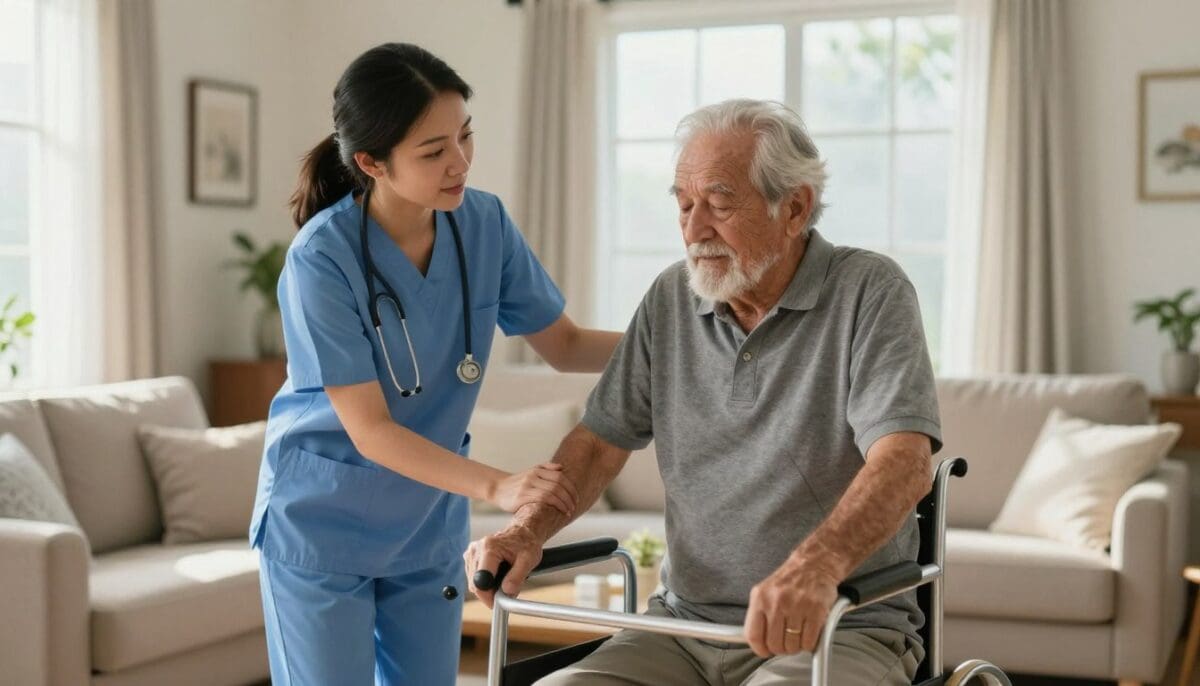 A compassionate female nurse in a blue uniform visiting an elderly veteran in a brightly lit San Antonio living room, helping him with mobility exercises near a window with soft sunlight, high resolution, professional medical atmosphere.