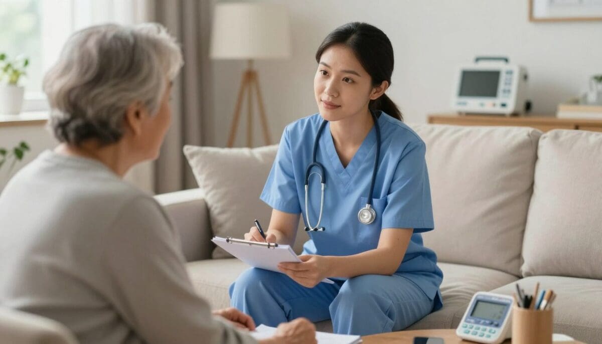 A compassionate home health nurse in San Antonio reviewing a recovery plan with an elderly patient in a bright living room, professional medical equipment visible but subtle.