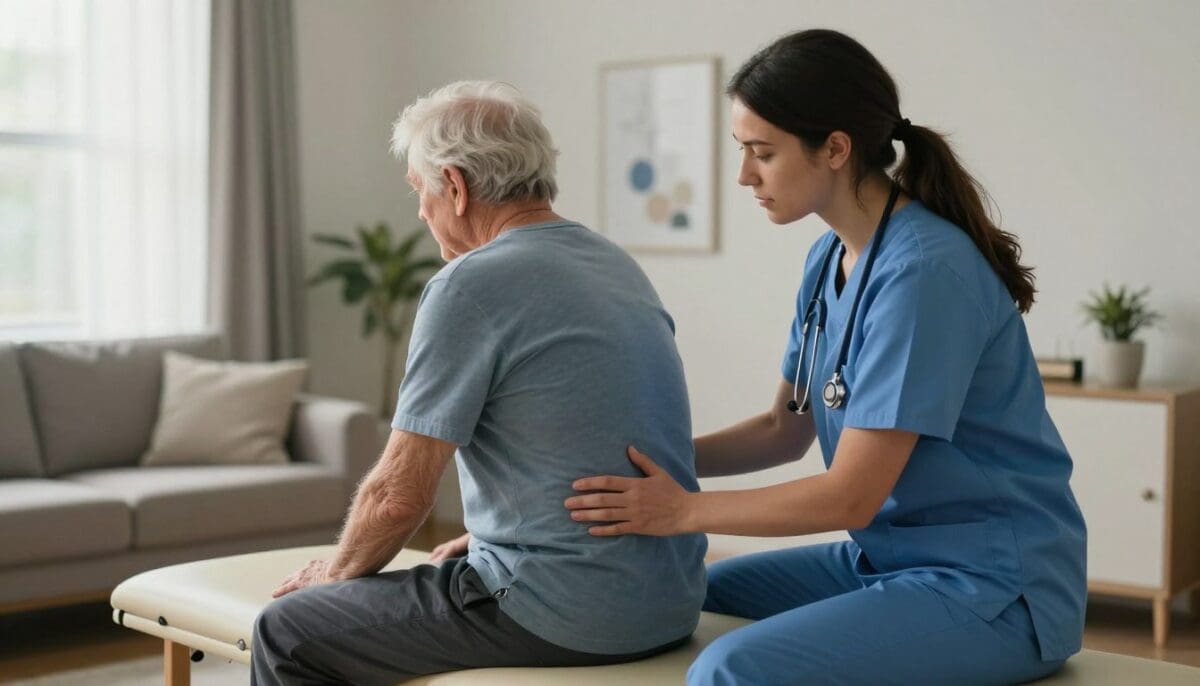 A compassionate home healthcare team assisting a senior patient with physical therapy in a bright, modern San Antonio residence.