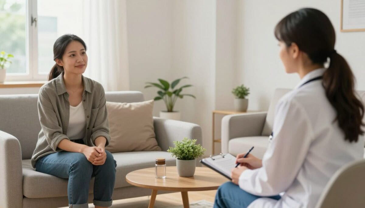 A compassionate scene in a bright, inviting therapy room. In the foreground, a therapist in professional attire, engaged and attentive, listens to a patient seated comfortably across from them. The therapist's warm expression radiates empathy and support, while the patient, dressed in modest casual clothing, looks hopeful yet slightly apprehensive, embodying the journey of recovery. In the middle, a small coffee table holds calming items like a plant and a journal, symbolizing healing. The background features soft lighting with large windows allowing natural light to pour in, illuminating the gentle colors of the room, creating a serene atmosphere. The mood is one of safety, encouragement, and optimism, reflecting the important role of professional caregivers in the rehabilitation journey.