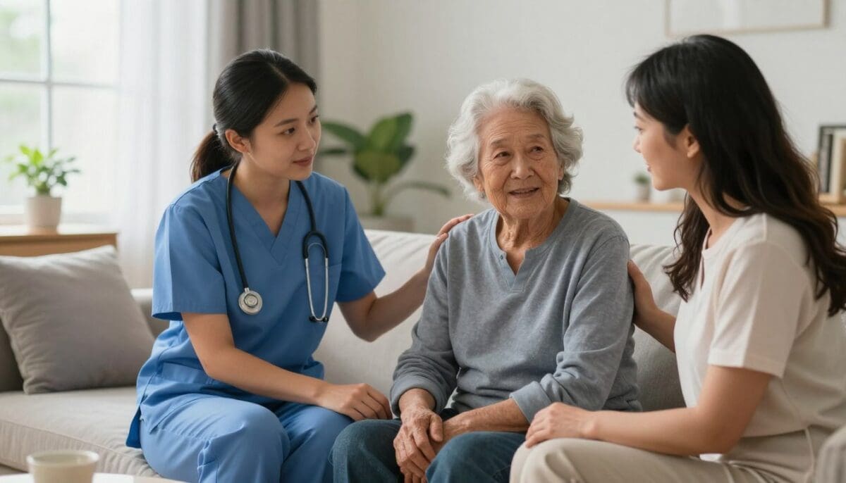 A compassionate team of medical professionals, including a nurse and a therapist, provide coordinated care to an elderly patient in a bright, modern San Antonio living room setting.