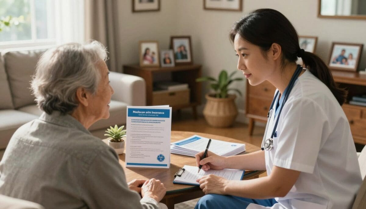 A cozy home setting illustrating the concept of home health insurance coverage and services. In the foreground, a caring healthcare professional in modest, professional attire is interacting with an elderly patient in a comfortable living room, showcasing a sense of trust and compassion. The middle ground includes a table with brochures and informational materials about Medicare and home health services. In the background, soft sunlight streams through a window, illuminating family photos and homey decor, creating a warm and inviting atmosphere. The lens should capture this scene from a slightly elevated angle to emphasize the interaction, with natural lighting enhancing the overall mood of support and care.