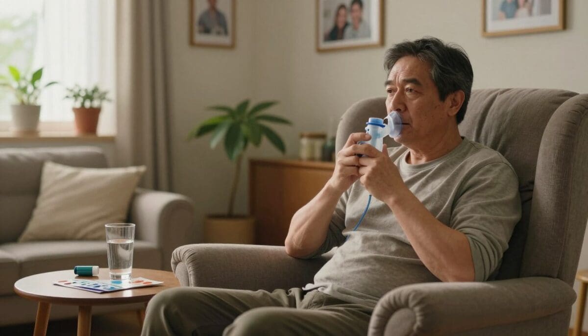 A cozy living room setting illustrating a man managing his COPD at home. In the foreground, a middle-aged man in modest casual clothing is sitting comfortably in a large armchair, using a portable nebulizer with a focused expression. The middle section features a small table with a glass of water, an inhaler, and a few health pamphlets. The background shows soft, warm lighting filtering through a window, revealing a few potted plants and framed family photos on the wall, creating a calming atmosphere. A slight diagonal angle captures the man's attentive process of care. The overall mood is peaceful and focused, emphasizing the importance of managing COPD in a home environment. A cozy living room setting illustrating a man managing his COPD at home. In the foreground, a middle-aged man in modest casual clothing is sitting comfortably in a large armchair, using a portable nebulizer with a focused expression. The middle section features a small table with a glass of water, an inhaler, and a few health pamphlets. The background shows soft, warm lighting filtering through a window, revealing a few potted plants and framed family photos on the wall, creating a calming atmosphere. A slight diagonal angle captures the man's attentive process of care. The overall mood is peaceful and focused, emphasizing the importance of managing COPD in a home environment.