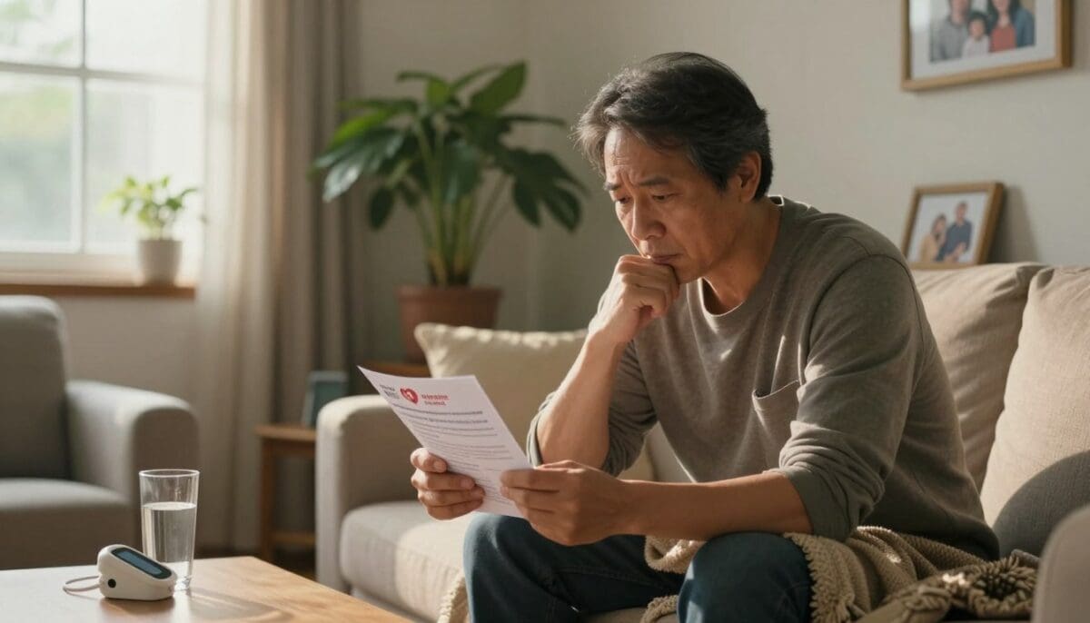 A cozy living room setting, softly illuminated by warm, natural light streaming through a window. In the foreground, a middle-aged individual of Asian descent in modest, casual clothing sits on a comfortable sofa, appearing thoughtful and slightly concerned as they hold a heart health pamphlet. Next to them, a small table displays a glass of water and a heart rate monitor. In the background, a plant thrives in a pot, and a family photo hangs on the wall, conveying a homely atmosphere. Subtle visual elements indicate heart failure symptoms, such as a cozy blanket draped across their lap, enhancing the sense of comfort while emphasizing the importance of awareness in a serene home environment. The mood is contemplative yet hopeful, highlighting the theme of heart-healthy care at home.