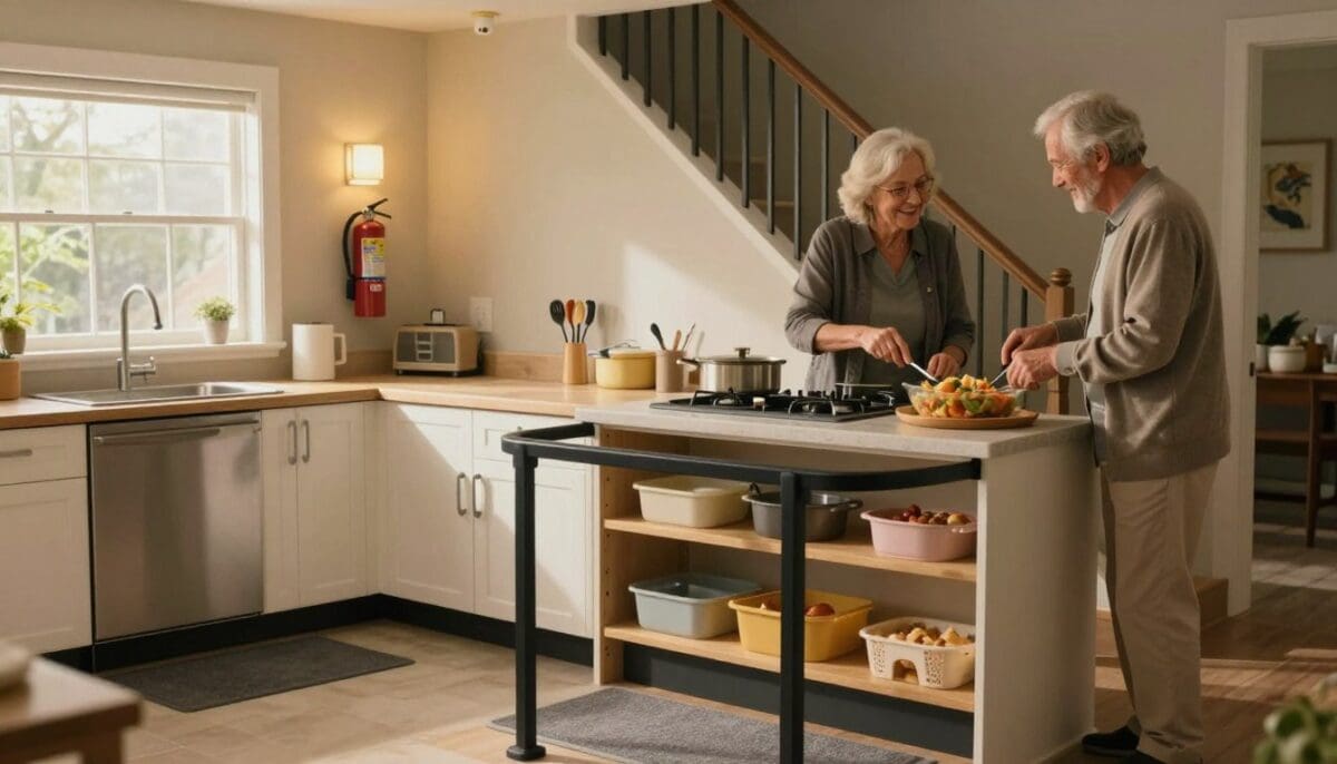 A cozy, well-lit kitchen designed for seniors, featuring safety enhancements like non-slip mats, accessible storage, and sturdy railing. In the foreground, a senior couple in modest casual clothing is preparing a meal, smiling and engaged in the task. The middle ground showcases organized kitchen counters with safety gadgets like easy-grip utensils and a fire extinguisher mounted on the wall. The background includes a stairway with secure handrails and motion-sensor lighting, emphasizing safety. Warm, natural light filters through the window, creating a welcoming and peaceful atmosphere, suggesting tranquility and security. The overall mood is cheerful and safe, promoting peace of mind in every space of the home.