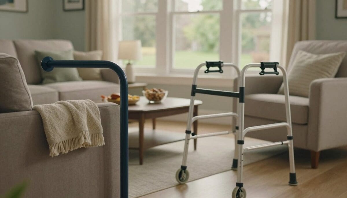 A cozy, well-lit living room configured for safety and mobility, featuring adaptive equipment. In the foreground, a sturdy grab bar is mounted next to a plush armchair with a cushion and a soft blanket. A walking aid, such as a wheeled walker, is positioned nearby on a smooth floor. In the middle ground, a coffee table holds an easy-access lamp and a bowl of health-oriented snacks, suggesting recovery. The background showcases bright, inviting windows and a gentle view of greenery outside. Soft, natural lighting adds warmth to the atmosphere, promoting a sense of comfort and security. The scene conveys a peaceful and supportive environment focused on recovery and independence.