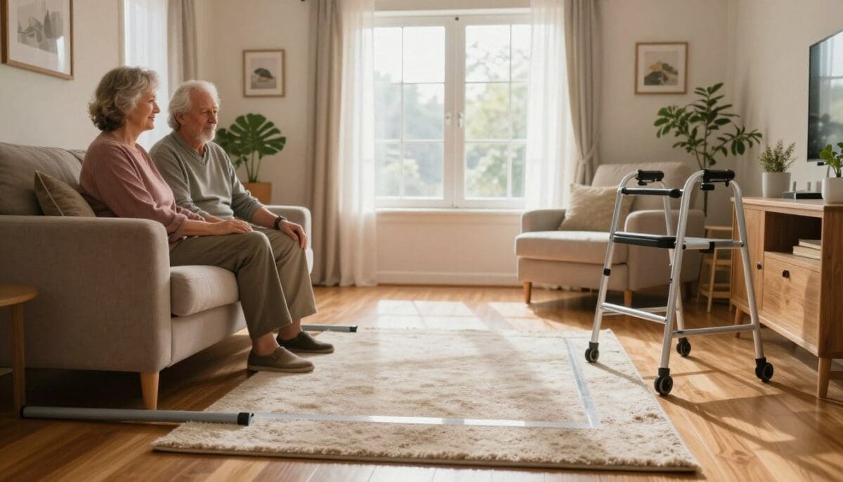 A cozy, well-lit living room designed for fall prevention, featuring a senior couple in modest casual clothing. In the foreground, a sturdy, non-slip rug lies on a polished wooden floor, with grab bars installed next to a comfortable armchair and a walker nearby. In the middle ground, bright natural light streams through large windows adorned with sheer curtains, illuminating safety elements like clear pathways and easily accessible furniture. The background showcases a warm, inviting atmosphere with soft colors and houseplants, accentuating the theme of home safety. The mood is reassuring and peaceful, suggesting an environment tailored for senior comfort and prevention of falls, captured with a soft focus lens to enhance warmth and intimacy.