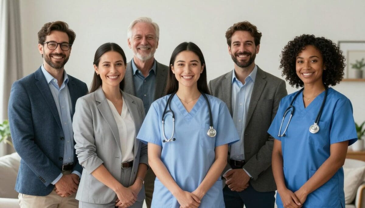 A diverse and professional group of home healthcare experts, including a nurse, a therapist, and a home health aide, standing together in a brightly lit San Antonio home setting, smiling warmly to represent compassionate and expert medical care.