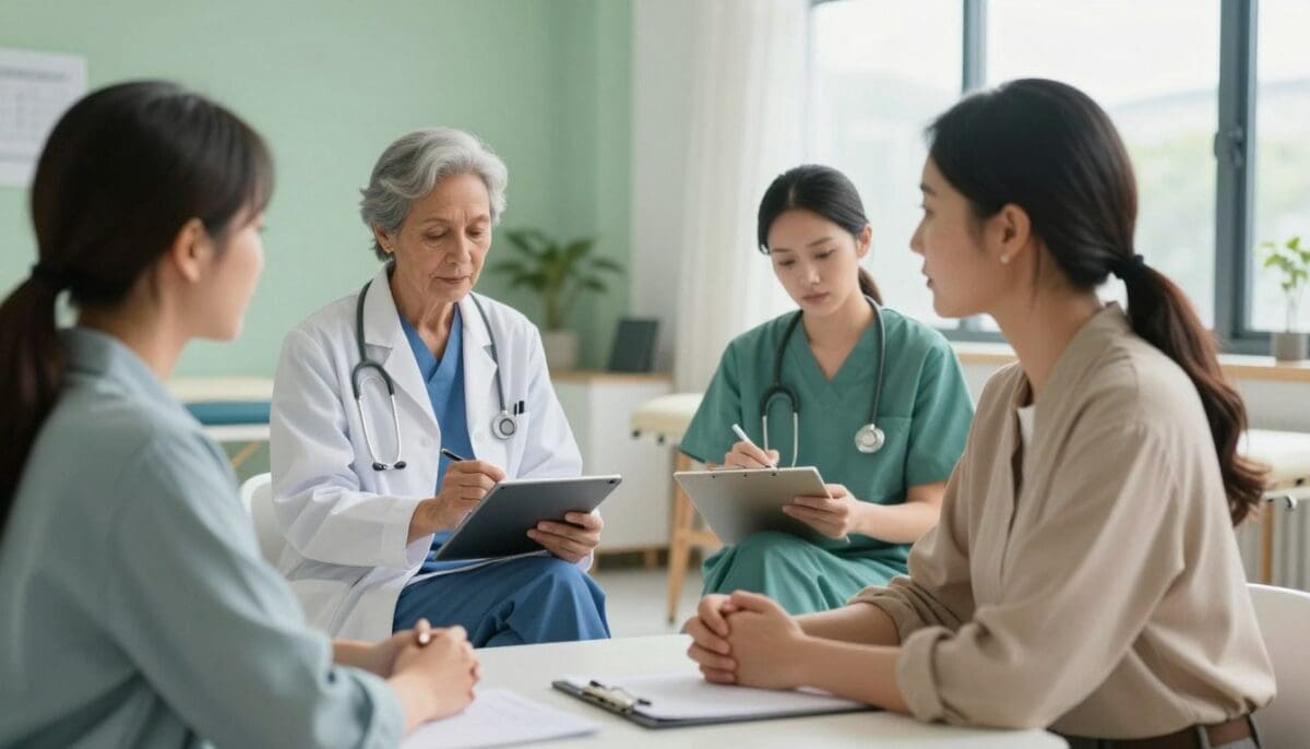 A diverse group of healthcare professionals, including therapists and doctors, coordinating patient care in a modern clinic setting. In the foreground, a compassionate therapist, wearing smart casual attire, is engaged in conversation with a patient seated at a table. In the middle ground, a physician in a white coat is reviewing notes on a tablet while another therapist takes notes on a clipboard, both actively participating in the discussion. The background features a well-equipped therapy room with calming green walls and soft lighting, creating a reassuring atmosphere. The scene is illuminated by gentle, natural light streaming through large windows, enhancing the mood of collaboration and support, with a focus on teamwork and recovery.