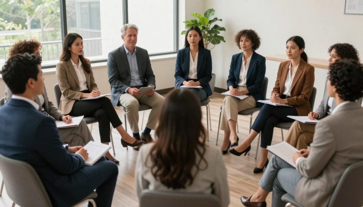 A diverse group of people sitting in a comfortable, brightly lit room in San Antonio, participating in a supportive dementia caregiver education session. A diverse group of people sitting in a comfortable, brightly lit room in San Antonio, participating in a supportive dementia caregiver education session.