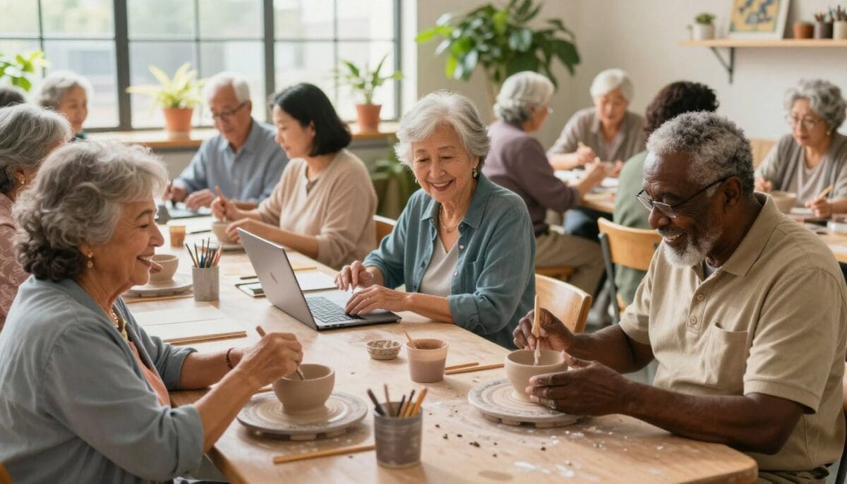 A diverse group of senior citizens engaging in community activities, showcasing a rich tapestry of interactions. In the foreground, a cheerful Hispanic woman and a jovial Black man are painting pottery together at a community center table, both wearing modest casual clothing. In the middle ground, a focused Asian woman teaches a small group of seniors how to use technology, her laptop open, while others listen intently. In the background, well-lit by warm, natural sunlight pouring through large windows, a cozy gathering area features plants and art supplies. The atmosphere is vibrant, conveying a sense of camaraderie, connection, and joy, emphasizing the importance of social engagement in aging gracefully. The composition should be panoramic, capturing a sense of community and warmth, with soft, inviting colors.