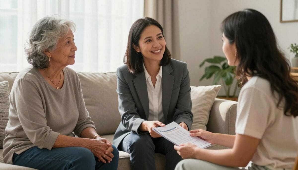 A friendly care coordinator sitting in a sunlit San Antonio living room, speaking warmly with an elderly woman and her daughter while holding a professional brochure, soft natural light, compassionate atmosphere, high resolution.