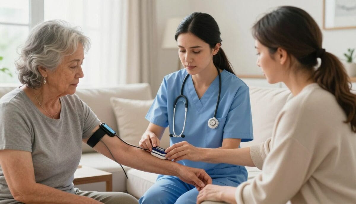 A friendly home health nurse in a blue uniform visiting an elderly patient in a sunlit San Antonio living room, helping them with a pulse oximeter, warm and professional atmosphere, high resolution. A friendly home health nurse in a blue uniform visiting an elderly patient in a sunlit San Antonio living room, helping them with a pulse oximeter, warm and professional atmosphere, high resolution.
