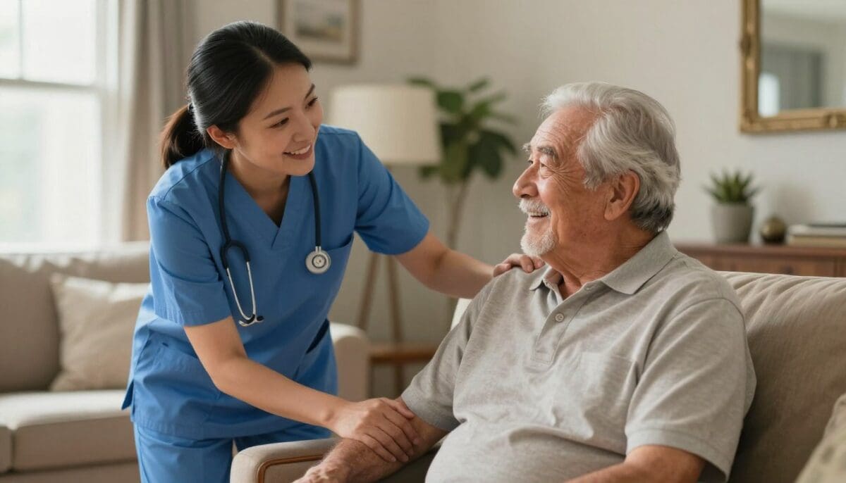 A friendly professional caregiver in a blue uniform assisting a happy senior man in a sunlit San Antonio living room, high-quality photography, realistic style.