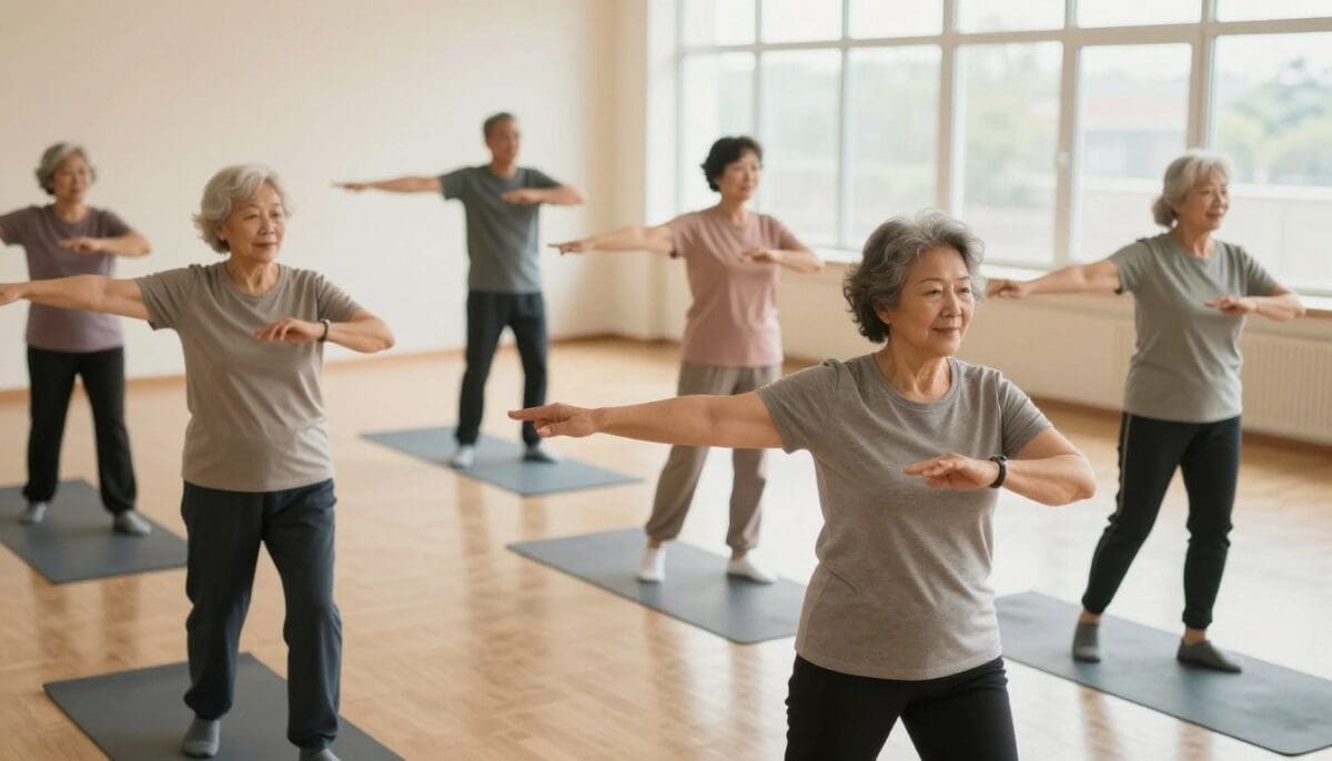 A group of older adults, aged 65 and above, engaging in fall prevention exercises in a bright, inviting community center. In the foreground, two seniors&mdash;one man and one woman&mdash;are practicing gentle balance exercises, wearing modest, comfortable athletic clothing. In the middle ground, additional seniors participate in a group yoga session, emphasizing strength and flexibility, with a focus on safe movements. The background features large windows allowing soft, natural light to flood the room, creating a warm and uplifting atmosphere. The scene is shot from a slightly elevated angle to capture the entire class. The mood is encouraging and communal, highlighting the importance of staying active for overall safety and well-being.