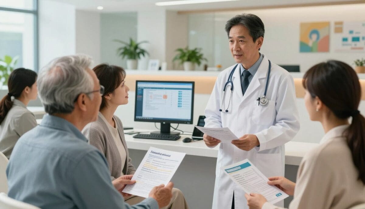 A healthcare professional, dressed in a crisp white lab coat and professional attire, demonstrates preventative steps against hospital readmissions in a modern, well-lit hospital setting. In the foreground, a diverse group of patients, including an elderly man and a middle-aged woman, actively engage in a discussion with the doctor, holding brochures and care plans. In the middle ground, a computer workstation displays patient health data, emphasizing technology's role in care management. The background features a bright and welcoming hospital reception area, adorned with plants and artwork, suggesting a healing atmosphere. Soft, natural lighting enhances the scene, creating a warm and collaborative mood. The camera angle is slightly elevated, capturing the interactions and emphasizing the supportive environment for patients and professionals alike.