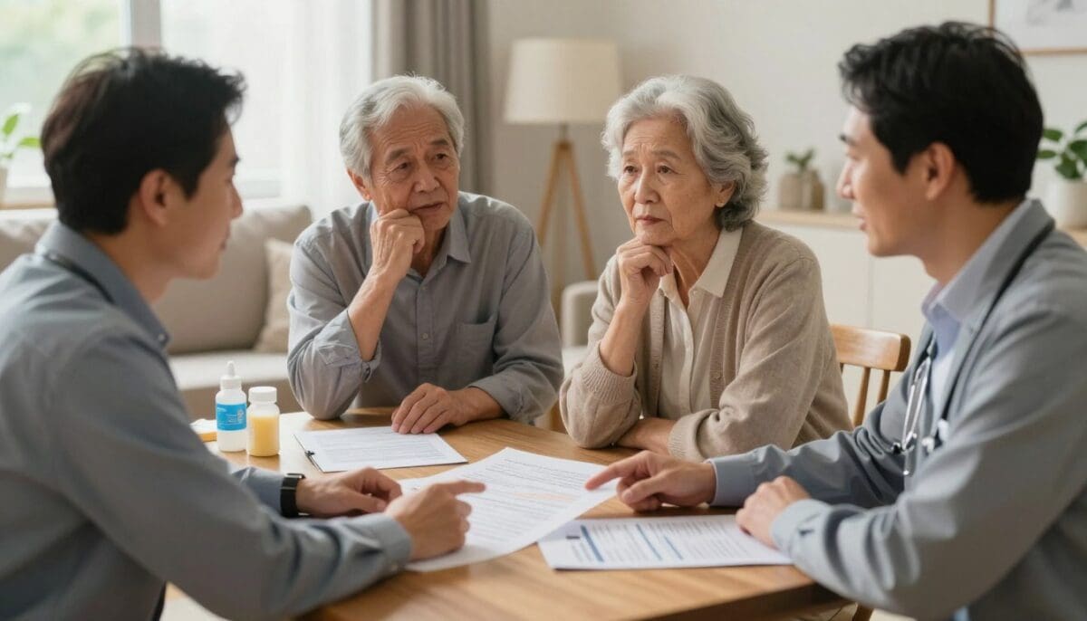 A healthcare professional in modest business attire is sitting at a table with elderly patients in a well-lit living room setting, discussing home health care eligibility. The foreground features a warm, friendly interaction, with the expert pointing to informational documents spread out on the table. In the middle, there are elements representing both home care&mdash;such as medical supplies and comfortable chairs&mdash;and the elderly, showcasing expressions of concern and hope. In the background, a cozy home environment is depicted, with soft lighting streaming through a window, creating a sense of comfort and trust. The overall mood conveys safety, knowledge, and support, with a focus on the importance of understanding eligibility for home health care benefits.