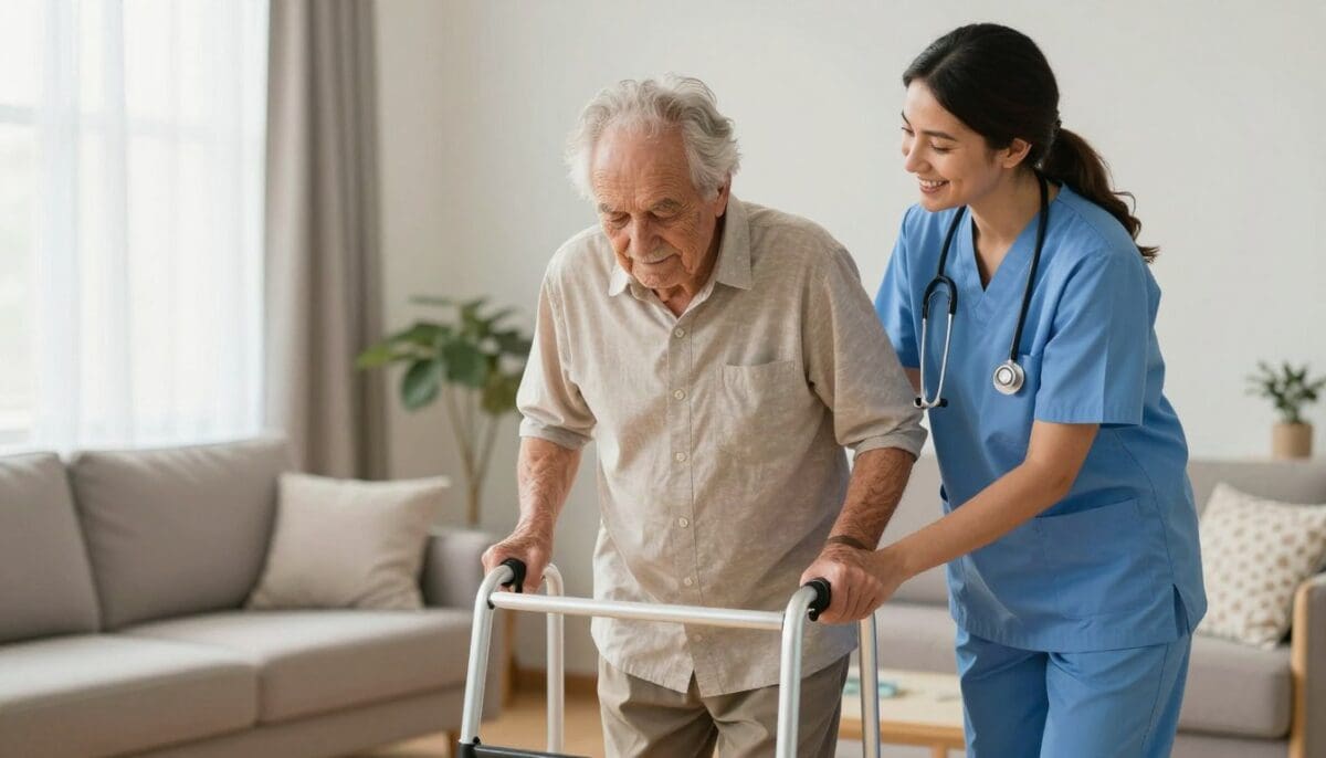 A high-quality image of a friendly professional caregiver from Continu Care Home Health assisting an elderly person with a walker in a brightly lit San Antonio living room, emphasizing safety and companionship.