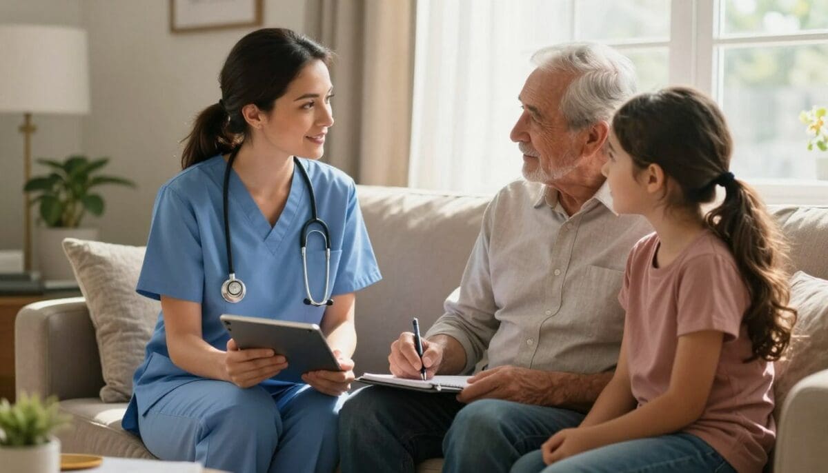 A high-quality photo of a professional female nurse in scrubs sitting in a comfortable San Antonio living room, speaking kindly with an elderly man and his daughter while taking notes on a tablet, soft afternoon sunlight through the window, caring and professional atmosphere. A high-quality photo of a professional female nurse in scrubs sitting in a comfortable San Antonio living room, speaking kindly with an elderly man and his daughter while taking notes on a tablet, soft afternoon sunlight through the window, caring and professional atmosphere.
