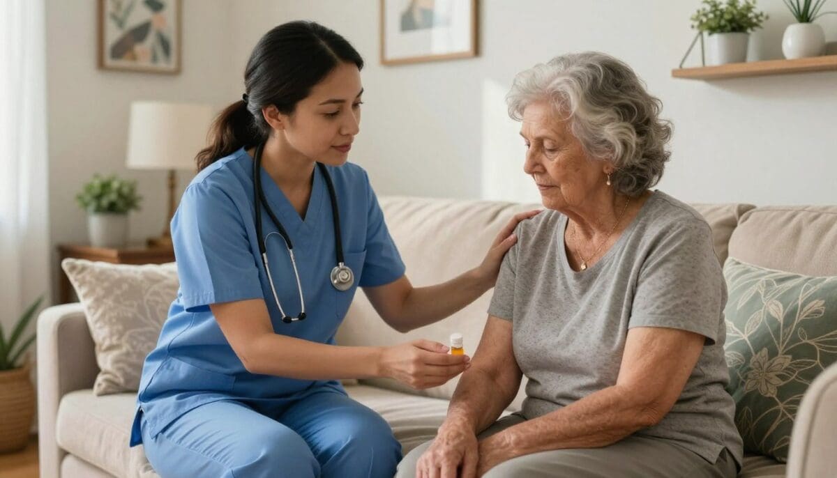 A high-quality photo of a professional nurse providing home health care services San Antonio TX, helping an elderly woman with her medication in a sunny, comfortable living room, San Antonio style decor, warm lighting, emotional connection.