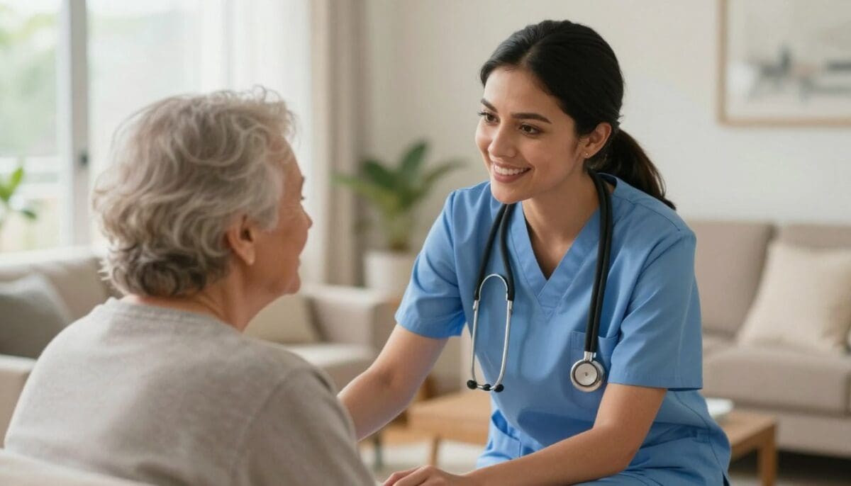 A high-quality, professional photograph of a friendly home health nurse in a blue uniform providing compassionate care to an elderly patient in a warm, bright living room in San Antonio, Texas.