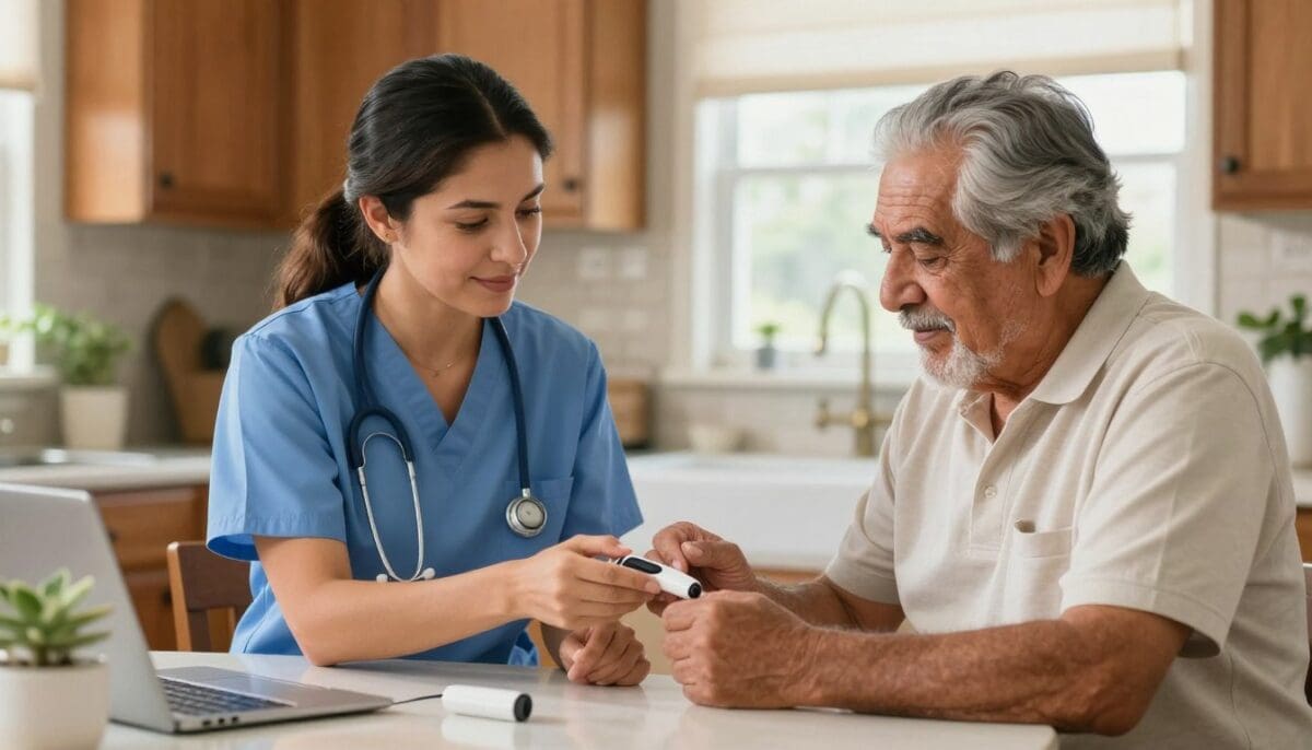 A high-quality, realistic photo of a compassionate female nurse in blue scrubs sitting at a kitchen table with an elderly Hispanic man in a sunlit San Antonio home, teaching him how to use a glucose monitor, warm and supportive atmosphere.