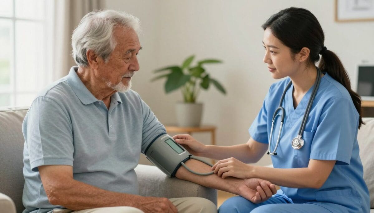 Compassionate home health nurse assisting elderly man with blood pressure monitoring at home