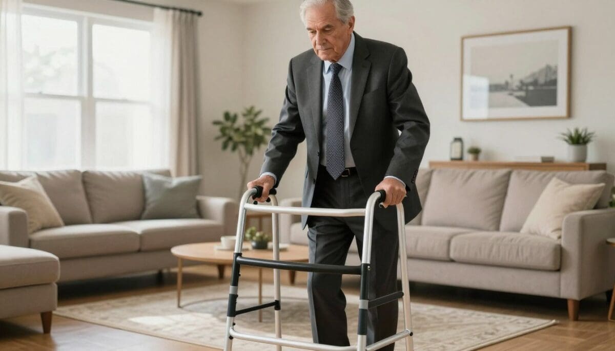 A high-quality, realistic photo of a senior man confidently using a modern, stylish walker inside a brightly lit San Antonio home living room, showing a sense of freedom and safety.