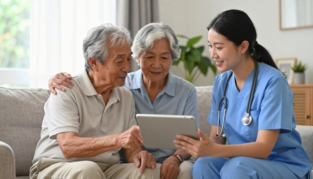 A high-quality, realistic photograph of an elderly couple in a bright San Antonio living room, looking at a digital tablet together with a friendly home health nurse, symbolizing health education and support for chronic conditions.