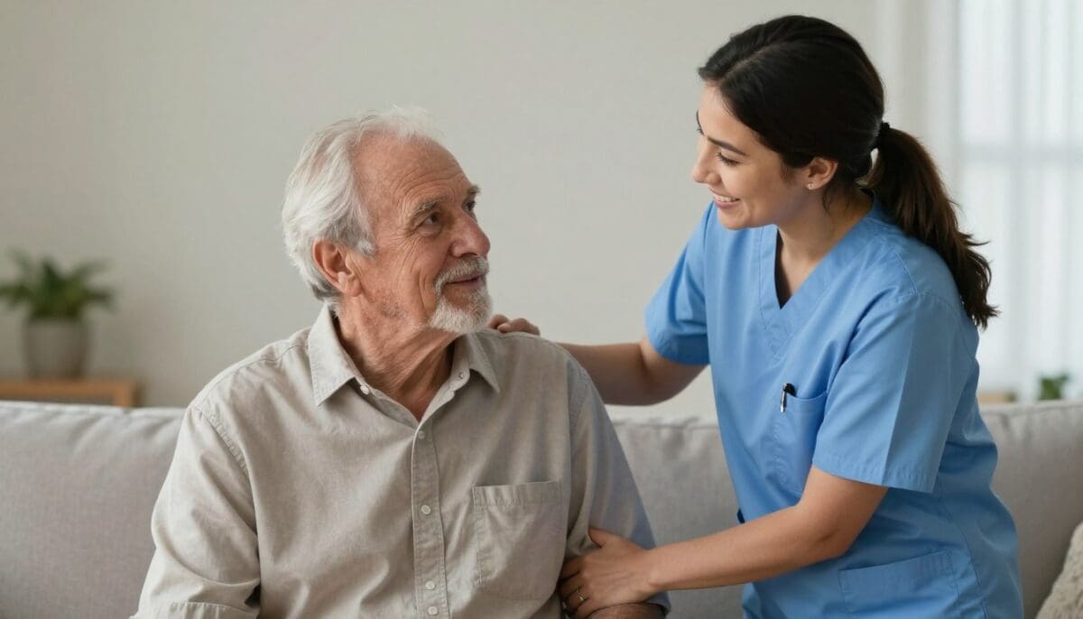 A high-quality, warm photograph of a professional female caregiver in a blue uniform smiling while assisting an elderly man in a well-lit San Antonio home, emphasizing a sense of trust, family connection, and professional health support. A high-quality, warm photograph of a professional female caregiver in a blue uniform smiling while assisting an elderly man in a well-lit San Antonio home, emphasizing a sense of trust, family connection, and professional health support.