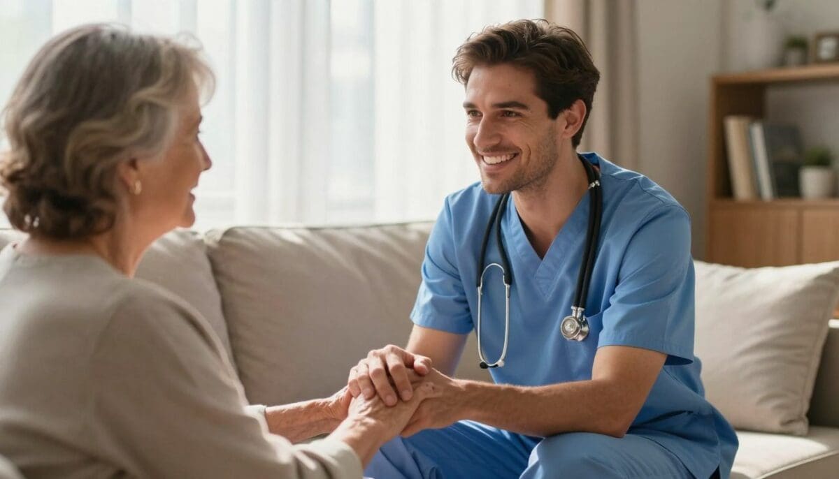 A high-resolution image of a professional caregiver smiling and holding the hand of an elderly woman in a sunlit living room in San Antonio, warm and comforting atmosphere.