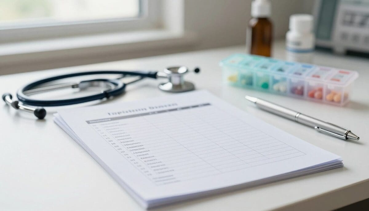 A patient medication management plan displayed on a clean, organized desk. In the foreground, a well-arranged document featuring detailed medication lists, dosage instructions, and a calendar for reminders. The middle ground includes a stethoscope and a pill organizer, emphasizing a sense of care and attention to detail. In the background, soft natural light filters through a window, casting a gentle glow across the scene. The atmosphere is calm and professional, conveying reliability and reassurance in a healthcare setting. The overall composition should evoke a feeling of support and clarity, inviting patients to engage with their health management actively. The image must be devoid of any text, ensuring a focus on the visual elements only.