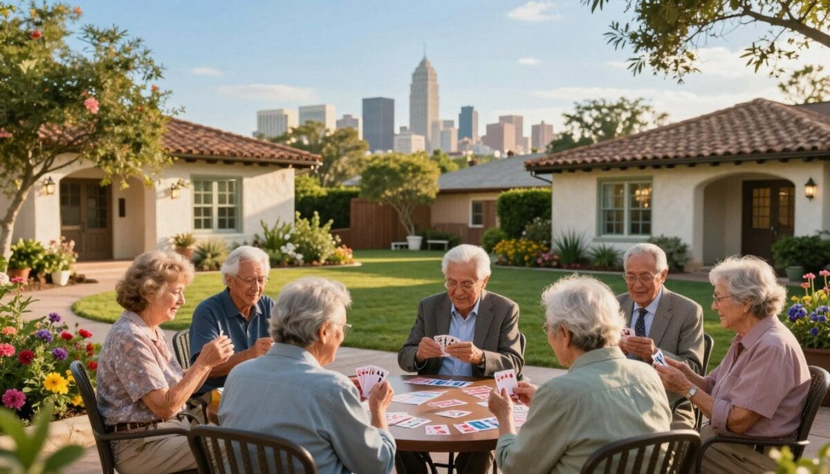 A peaceful and inviting scene of a senior living community in San Antonio. In the foreground, a diverse group of seniors, dressed in modest, professional attire, are enjoying a lively game of cards at a well-kept outdoor patio, surrounded by lush greenery and vibrant flowers. In the middle ground, charming, single-story residences with Spanish-style architecture, inviting porches, and well-tended gardens create a welcoming atmosphere. In the background, the warm San Antonio skyline is visible under a bright blue sky, conveying a sense of home and belonging. Soft, golden hour lighting casts a gentle glow over the scene, enhancing the feeling of comfort and community. The image evokes a serene and uplifting mood, celebrating the joy of aging in place.
