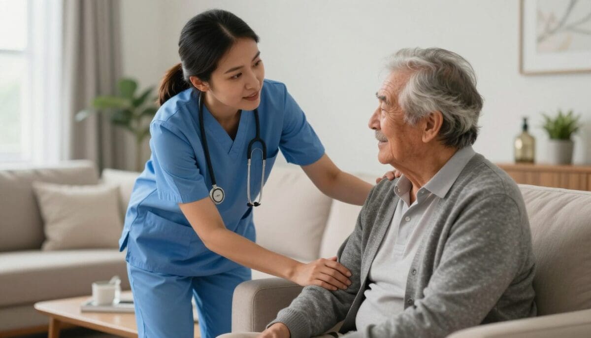 A professional caregiver in a bright, warm San Antonio living room gently assisting an elderly person with a daily routine, emphasizing a sense of safety, dignity, and companionship.