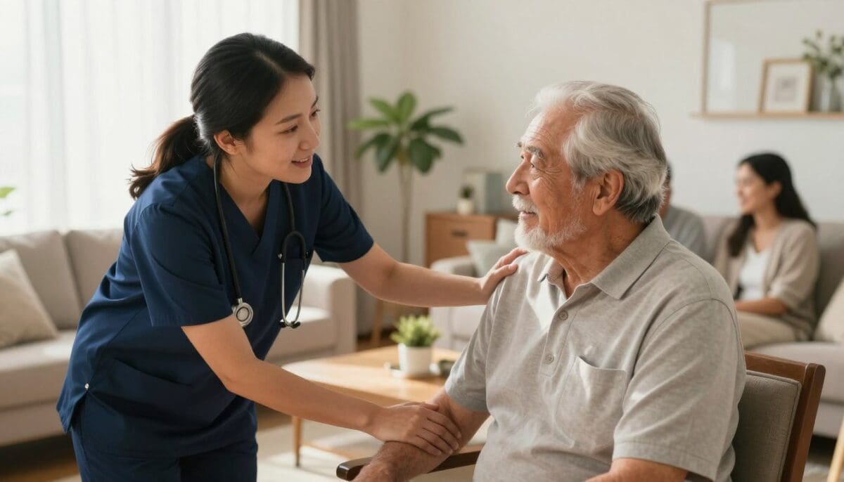 A professional female caregiver in a navy blue scrub top assisting an elderly man in a bright San Antonio living room. The scene is warm and sunlit, showing a compassionate interaction while the family caregiver rests in the background. High resolution, realistic style. A professional female caregiver in a navy blue scrub top assisting an elderly man in a bright San Antonio living room. The scene is warm and sunlit, showing a compassionate interaction while the family caregiver rests in the background. High resolution, realistic style.