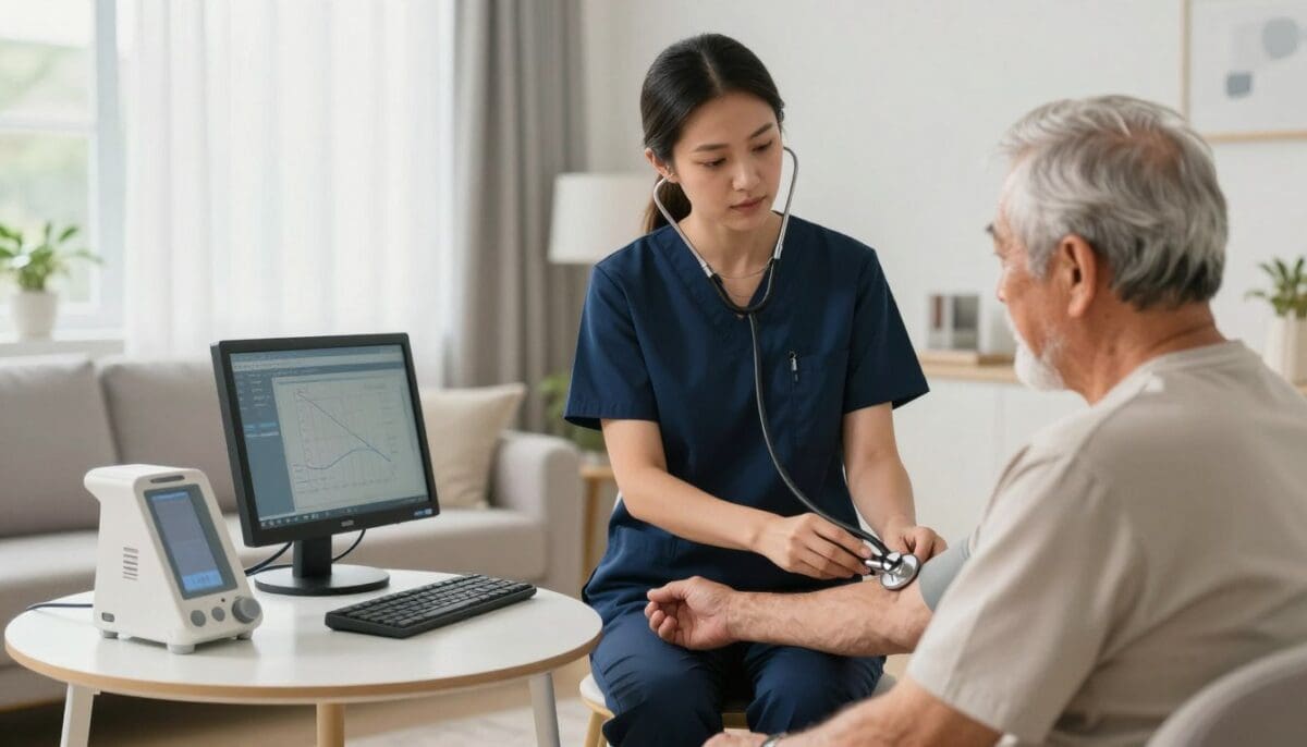 A professional female home health nurse in San Antonio, Texas, wearing navy blue scrubs, using a stethoscope to check the vitals of an elderly male patient in a bright, modern living room, soft natural light, high-quality medical equipment, realistic and compassionate atmosphere.