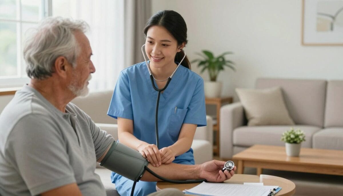 A professional female nurse in a blue uniform visiting an elderly male patient in a sunny San Antonio living room, checking his blood pressure with a stethoscope, warm and supportive atmosphere, high-quality photography.