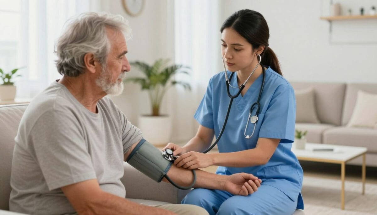 A professional female nurse in a blue uniform visiting an elderly patient in a bright, modern San Antonio home, providing post-hospital health care services and checking blood pressure with a stethoscope.