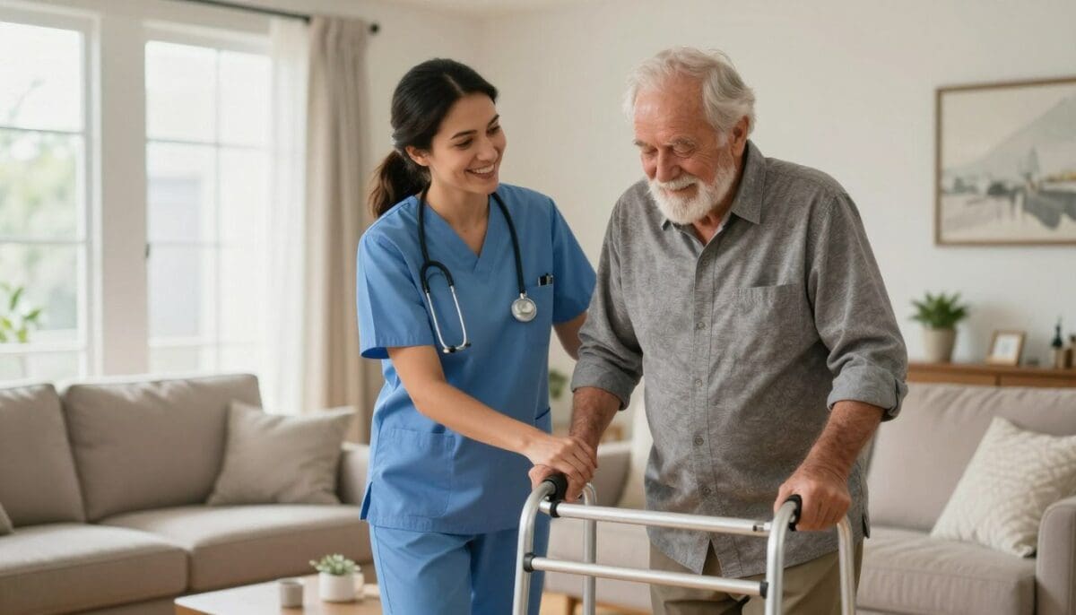 A professional female nurse in blue scrubs smiling warmly while helping an elderly man walk with a walker inside a sunlit San Antonio living room, high quality, realistic photography.