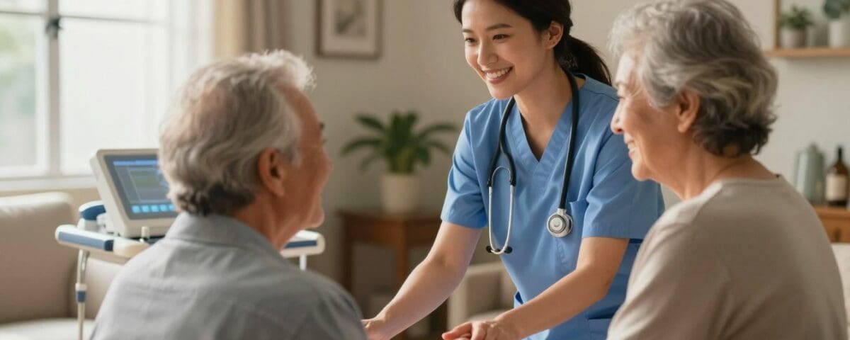 Registered nurse assisting elderly patient with rehabilitation therapy at home.