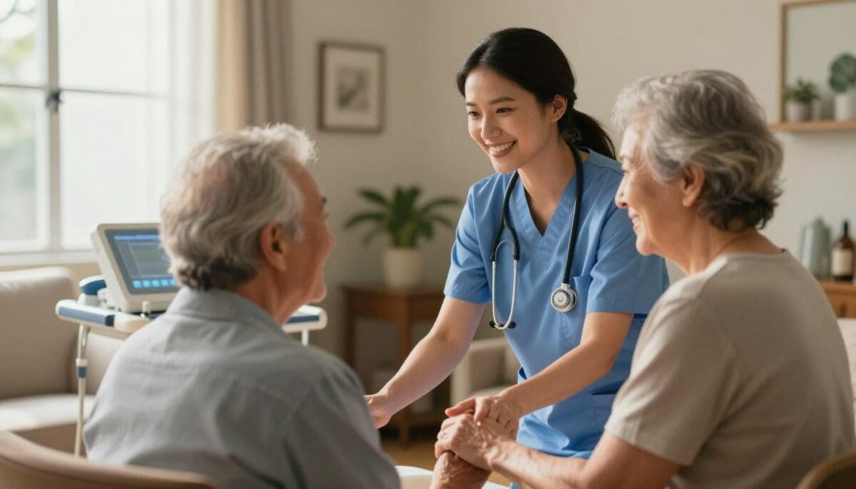 A professional female registered nurse in blue scrubs smiling while helping an elderly patient in a sunlit living room in San Antonio, Texas, high-quality medical equipment visible, warm atmosphere, photorealistic, 4k resolution --ar 16:9 A professional female registered nurse in blue scrubs smiling while helping an elderly patient in a sunlit living room in San Antonio, Texas, high-quality medical equipment visible, warm atmosphere, photorealistic, 4k resolution --ar 16:9