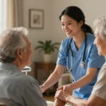 Registered nurse assisting elderly patient in home, supporting aging in place in San Antonio.