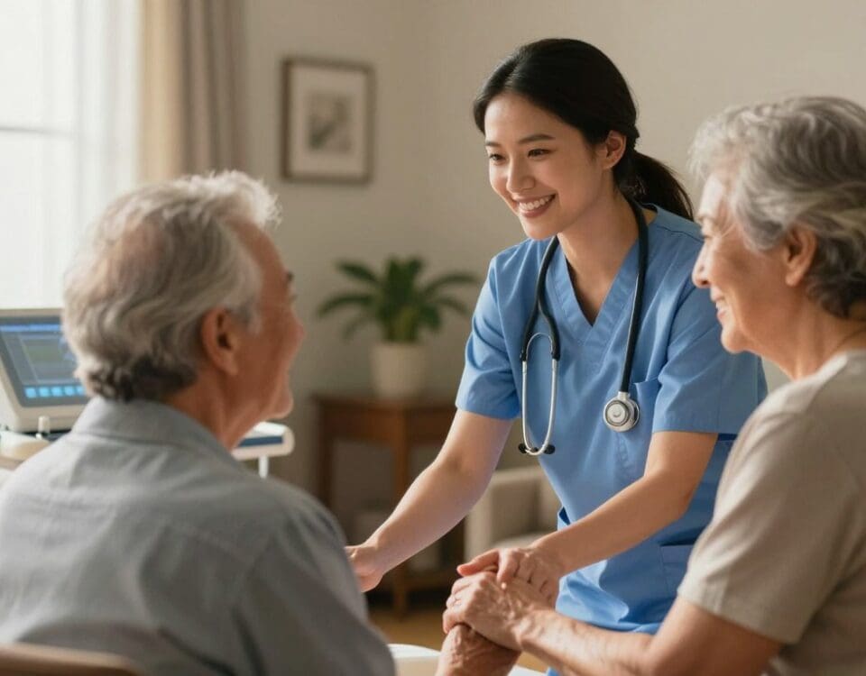 Registered nurse assisting elderly patient in home, supporting aging in place in San Antonio.