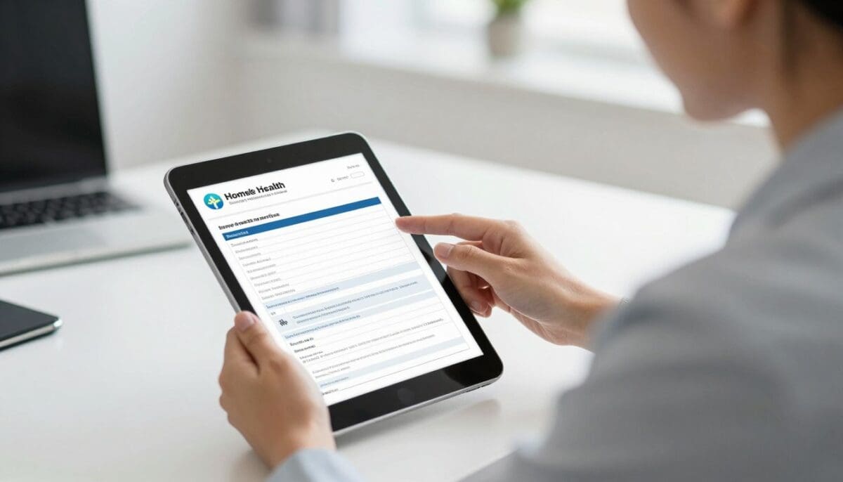 A professional healthcare administrator in San Antonio reviewing a digital referral form for home health services on a tablet.