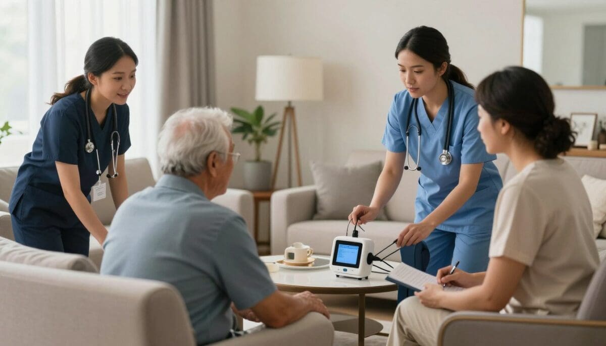 A professional healthcare team in San Antonio providing personalized medical support and home-based monitoring for a senior patient in a bright, comfortable living room setting.