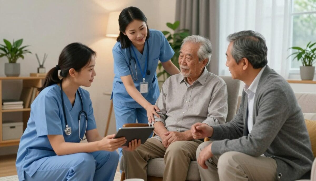 A professional home health care team collaborates in a modern, well-lit living room, emphasizing teamwork in patient recovery. In the foreground, a nurse in smart scrubs and a physical therapist in business casual attire discuss a patient&rsquo;s progress using a tablet. In the middle, a caregiver assists an elderly patient sitting comfortably in an armchair, showcasing compassion and expertise. The background features warm, inviting decor with houseplants and soft lighting, creating a nurturing environment. The scene captures a mood of trust and dedication, ensuring the focus is on the care provided. The angle is slightly above eye level, giving a comprehensive view of the team&rsquo;s coordinated efforts, emphasizing professionalism and compassion in home health care.