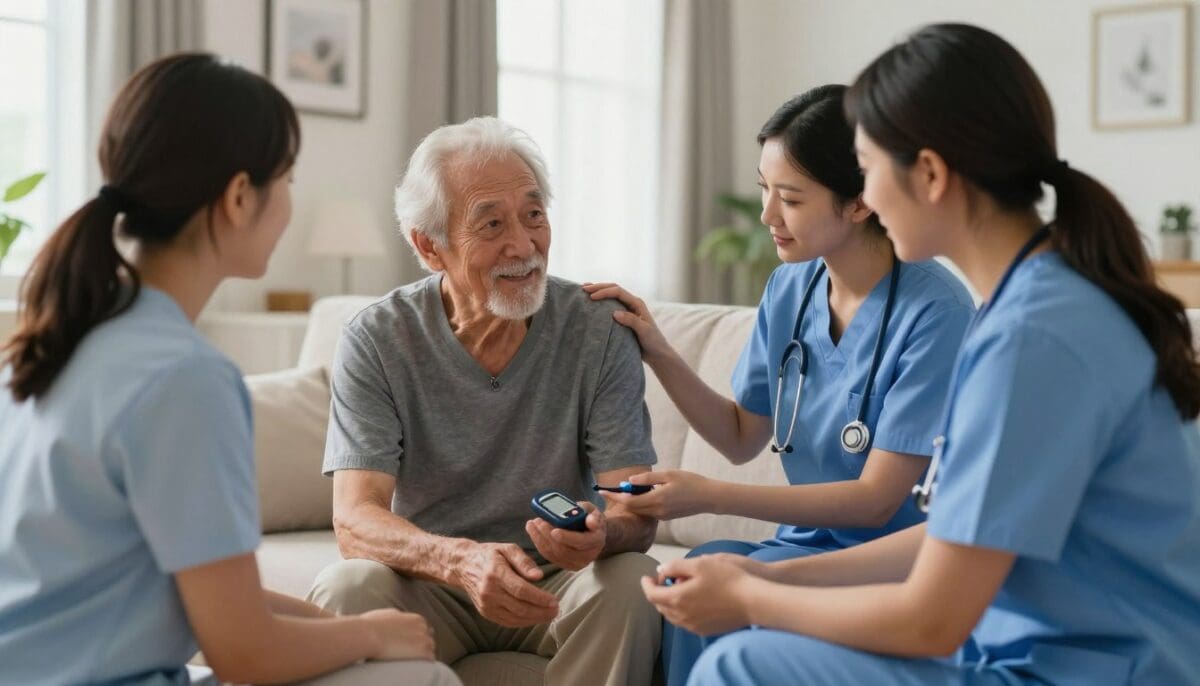 A professional home healthcare team in San Antonio providing diabetes management services to a senior patient in a bright living room, warm and professional atmosphere, realistic style.