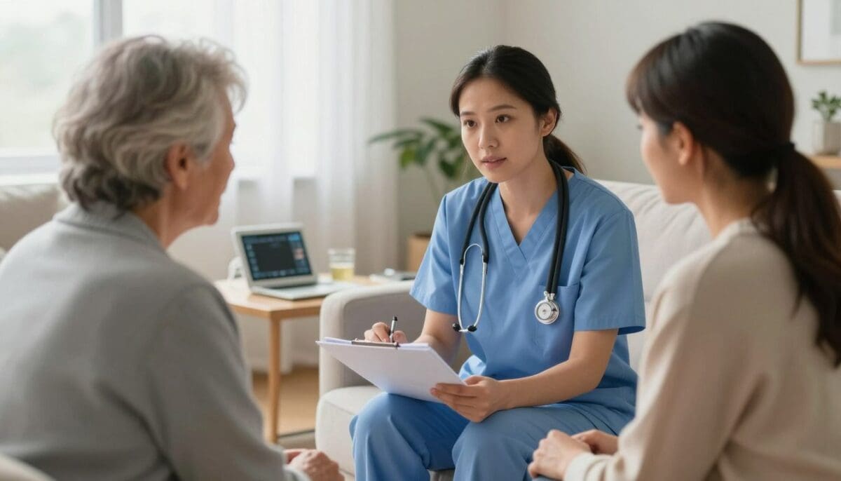 A professional photo of a home health nurse in San Antonio explaining a specialized heart failure management plan to an elderly patient and their caregiver in a bright, comfortable living room, showing medical equipment in the background. A professional photo of a home health nurse in San Antonio explaining a specialized heart failure management plan to an elderly patient and their caregiver in a bright, comfortable living room, showing medical equipment in the background.