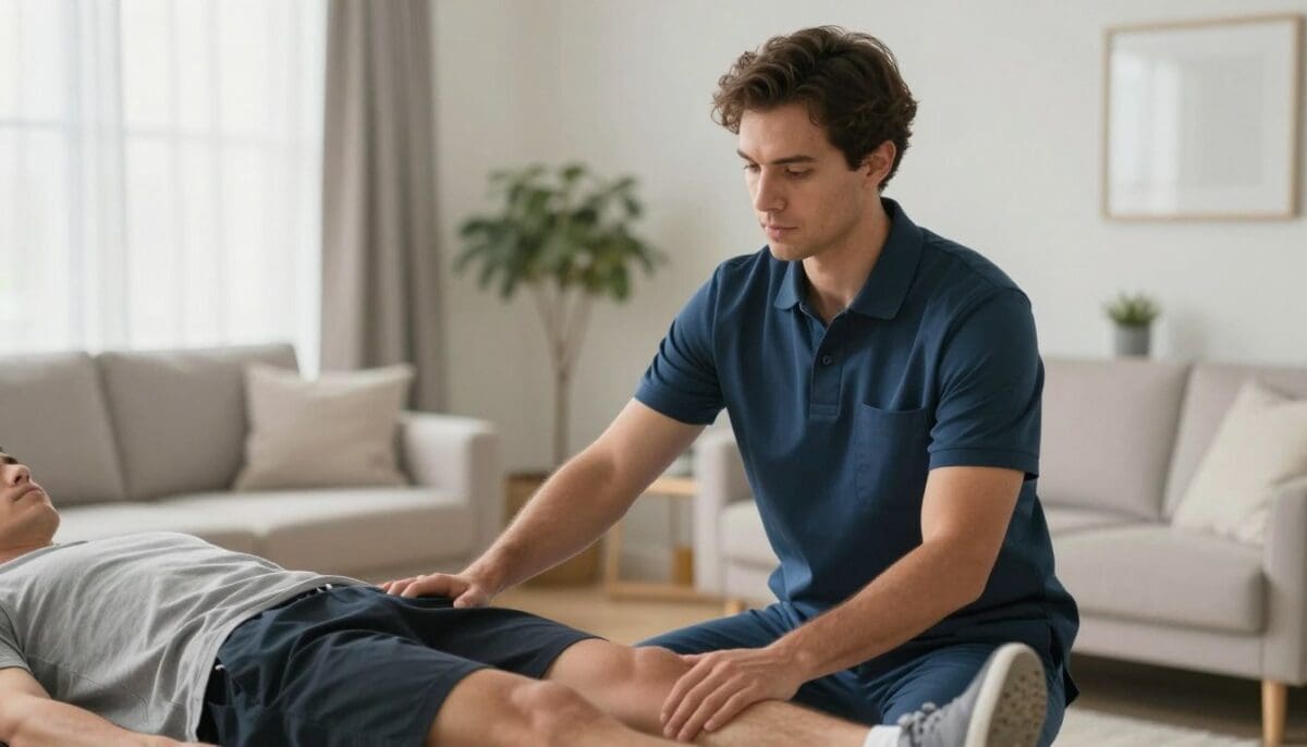 A professional physical therapist in a clinical polo shirt assisting a patient with leg exercises in a bright, modern San Antonio home setting, focused and supportive atmosphere.