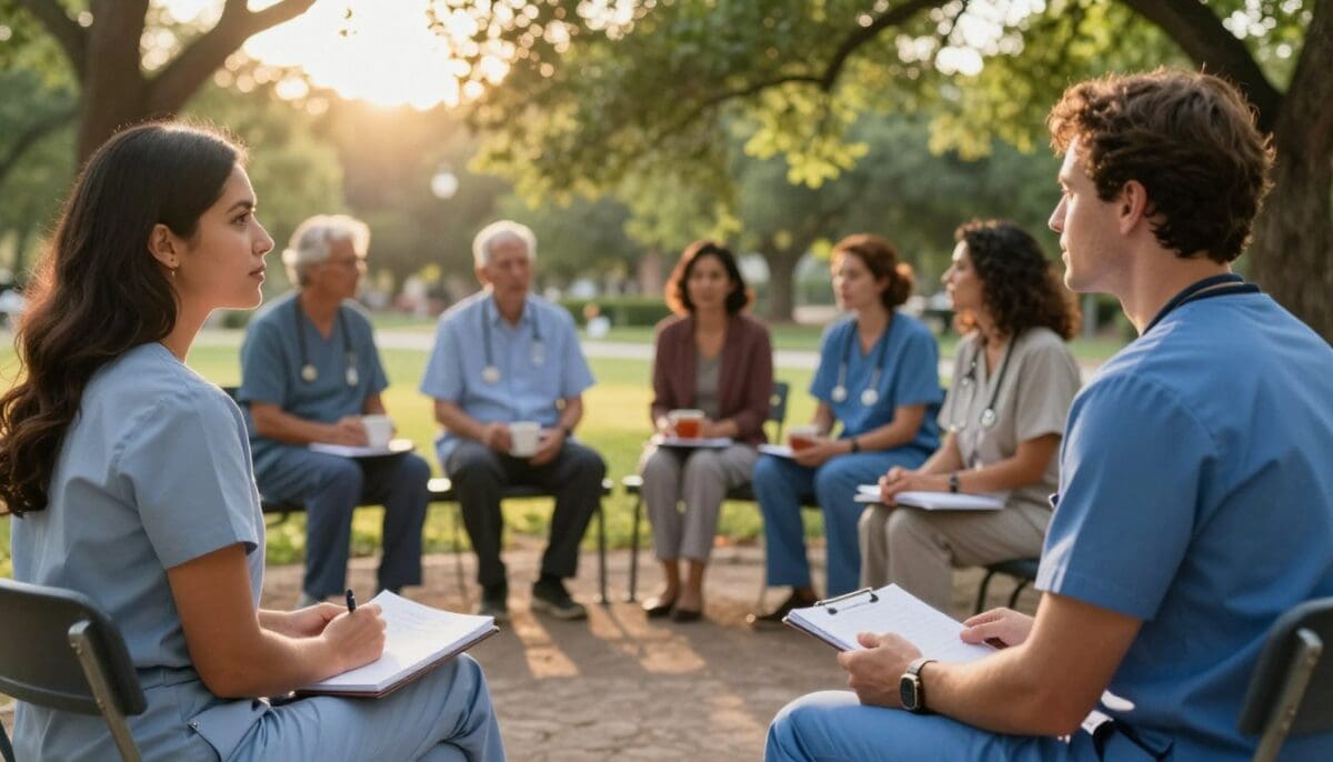 A serene San Antonio park setting during golden hour, with a diverse group of caregivers engaging in a supportive workshop. In the foreground, two caregivers, a woman of Hispanic descent and a man of Caucasian descent, are discussing strategies, both wearing professional attire with calm expressions. In the middle ground, a peaceful gathering of caregivers seated on benches, sharing their experiences with notebooks and cups of tea, promoting a feeling of community. The background features lush green trees and soft sunlight filtering through the leaves, creating a warm and inviting atmosphere. The mood is hopeful and encouraging, inviting viewers to contemplate the importance of self-care and burnout prevention. The scene is captured in soft focus with a shallow depth of field, emphasizing the human connection. A serene San Antonio park setting during golden hour, with a diverse group of caregivers engaging in a supportive workshop. In the foreground, two caregivers, a woman of Hispanic descent and a man of Caucasian descent, are discussing strategies, both wearing professional attire with calm expressions. In the middle ground, a peaceful gathering of caregivers seated on benches, sharing their experiences with notebooks and cups of tea, promoting a feeling of community. The background features lush green trees and soft sunlight filtering through the leaves, creating a warm and inviting atmosphere. The mood is hopeful and encouraging, inviting viewers to contemplate the importance of self-care and burnout prevention. The scene is captured in soft focus with a shallow depth of field, emphasizing the human connection.